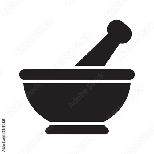 Mortar and pestle icon for pharmacy and herbal medicine representing traditional compounding grinding spices and preparing natural remedies or drugs vector solid glyph icon
