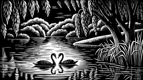 Misty river at dawn with swans and willow trees along the bank, a black and white sketch vector hand drawn