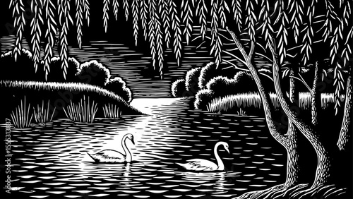 Misty river at dawn with swans and willow trees along the bank, a black and white sketch vector hand drawn