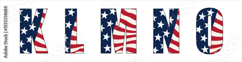 Vector font on background of national flag of usa.
A set of letters of english alphabet with
american pattern of stars and stripes for
clothing, fabric, textile, paper, inscription on t-shirt.