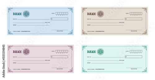 Set of bank check isolated on a white background. Collection of bank cheque isolated on a white backdrop