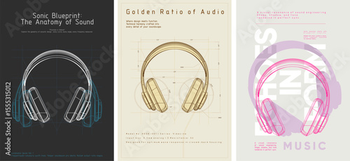 A conceptual triptych of headphone posters designed as acoustic blueprints. A fusion of audio engineering, minimal graphics, and technical elegance—sound visualized with precision.