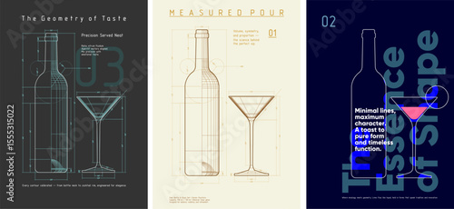 A triptych of cocktail posters featuring bottle and glass silhouettes as technical drafts. Where mixology meets geometry—every line refined, every shape engineered to pour elegance.