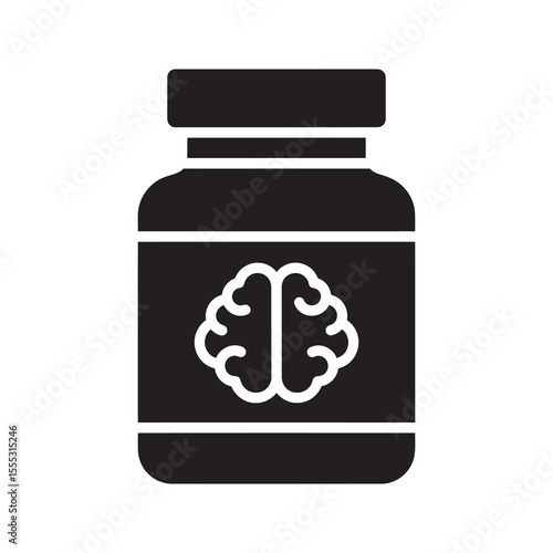 Nootropic supplement bottle glyph icon with brain symbol for cognitive enhancement memory booster and smart drug vector design vector solid glyph icon