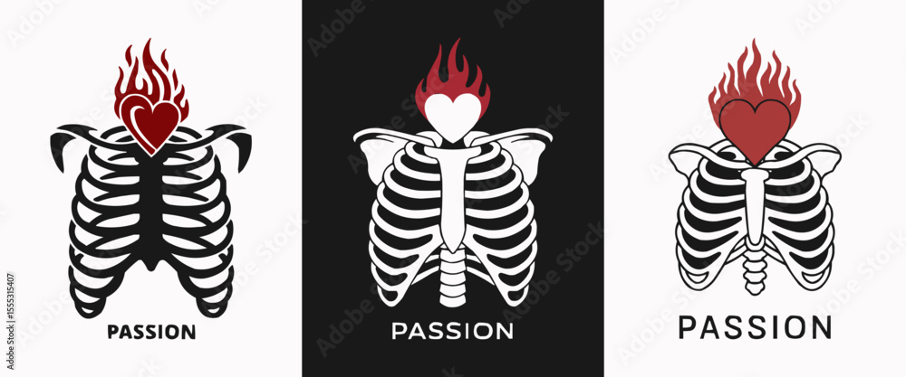 Obraz premium Burning Heart Inside Ribcage Vector Illustration Set Featuring Passion Symbolism with Skeleton Anatomy and Flame Art for Tattoo Designs, Emotional Expression, Gothic Art, and Alternative Posters
