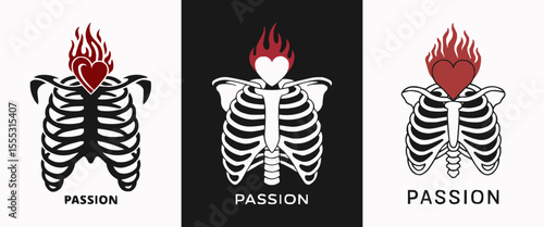 Burning Heart Inside Ribcage Vector Illustration Set Featuring Passion Symbolism with Skeleton Anatomy and Flame Art for Tattoo Designs, Emotional Expression, Gothic Art, and Alternative Posters