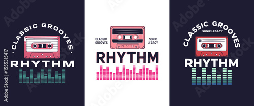 Retro Music Cassette Tape Design with Classic Grooves and Colorful Rhythm Bars for Vintage Audio Posters, 80s Throwback Graphics, Music Festival Branding, and Nostalgic Music Lover Illustrations
