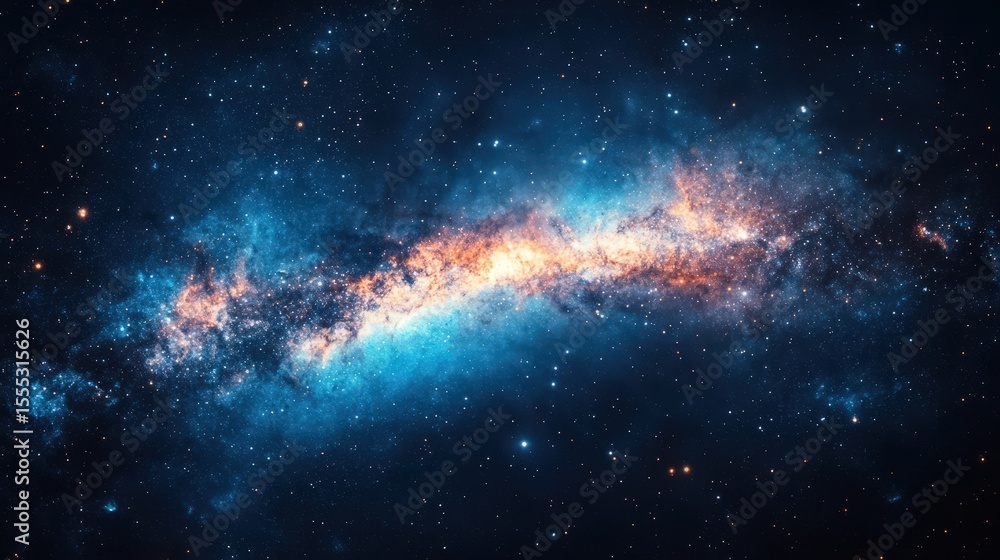 Obraz premium Stunning blue galaxy with bright stars and vibrant clouds of gas in a vast expanse of space, showcasing the beauty of the cosmos.