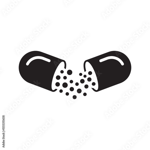 Open medication capsule glyph icon showing powder spill for drug dosage and pharmaceutical ingredient content vector illustration vector solid glyph icon