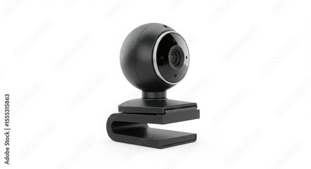 Black webcam or camera device with a circular lens and clamp stand. Digital video communication technology product for streaming. Black webcam or camera device with a circular lens and clamp stand. Digital video communication technology product for streaming.