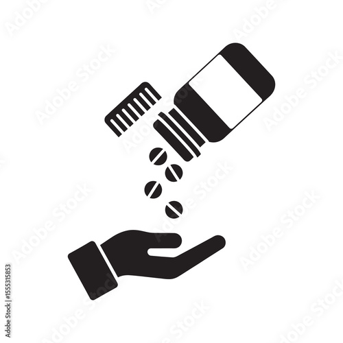 Medication dosage glyph icon showing hand receiving pills from bottle for correct pharmaceutical treatment vector illustration vector solid glyph icon