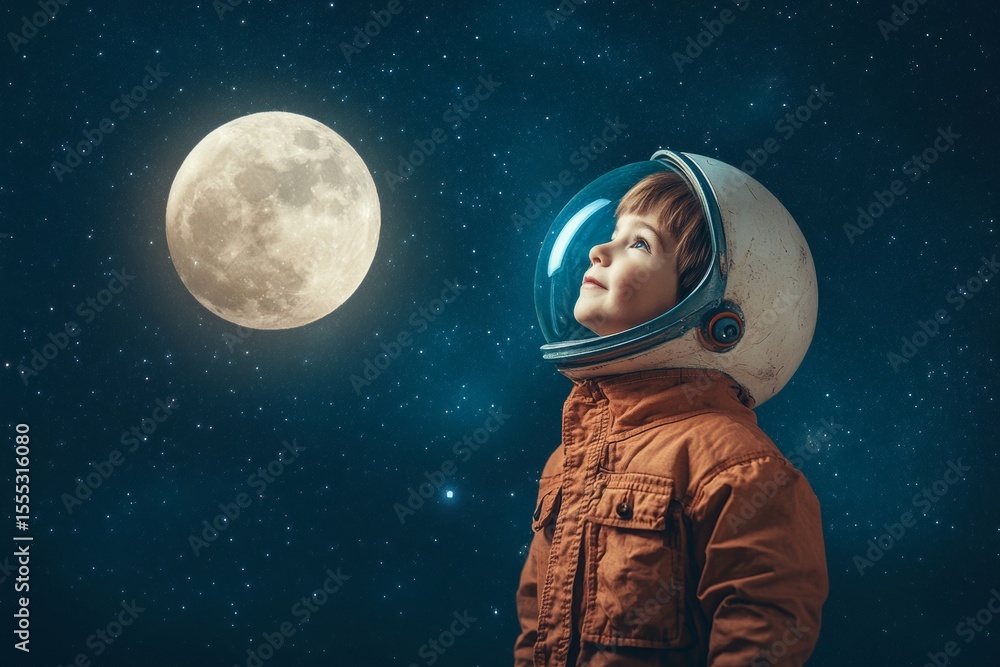 Obraz premium Curious young child in spacesuit gazing at moonlit night sky