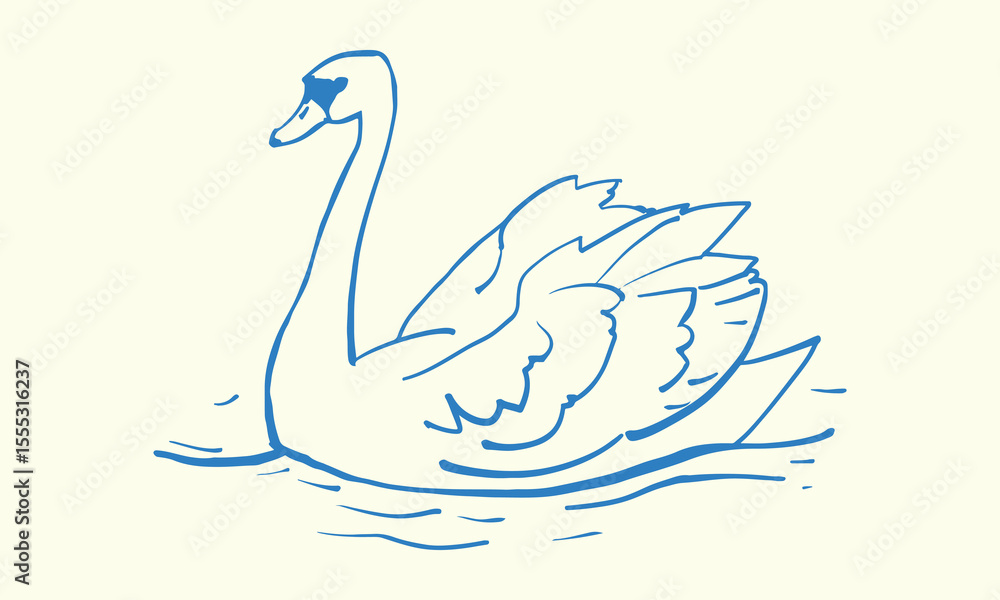 Obraz premium Hand drawn illustration of a swimming swan. Vector outline illustration isolated on a color background. 