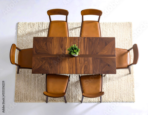 Mid-Century Modern Teak Dining Set with Leather Chairs and Cream Rug – Top-Down Isolated