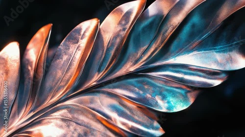 A vividly colored shiny leaf on a dark background, with a metallic texture.