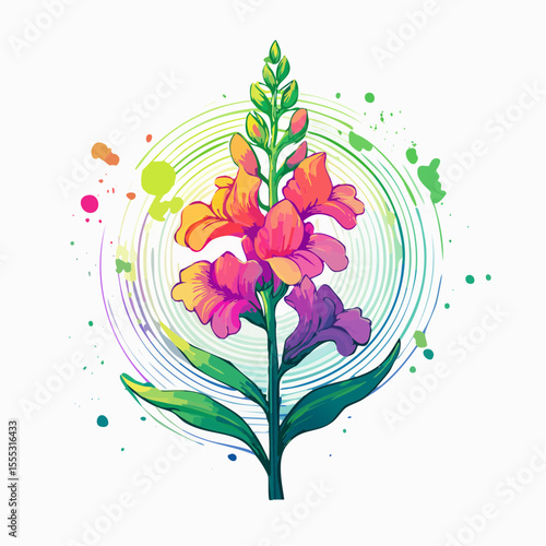 neon green snapdragon stalk with hot pink and ultraviolet ink blossoms