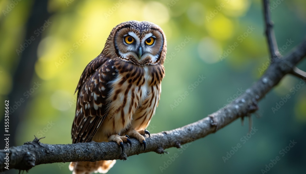 Close-up photo of a brown owl perched on branch. Bird with yellow eyes, detailed feathers and plumage. Wildlife photo, nature animal portrait. Forest background. Close-up photo of a brown owl perched on branch. Bird with yellow eyes, detailed feathers and plumage. Wildlife photo, nature animal portrait. Forest background.