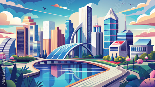 Tall glass buildings rise along the winding river, . The bridges arch gracefully, and flower boxes line the walkways. In the background, Lake Michigan glimmers softly under a clear sky. It’s a powerfu