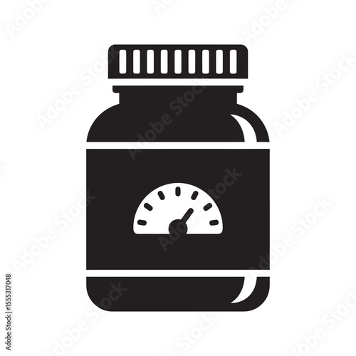 Performance booster supplement glyph icon with bottle and gauge for fast acting energy product and workout power vector design vector solid glyph icon