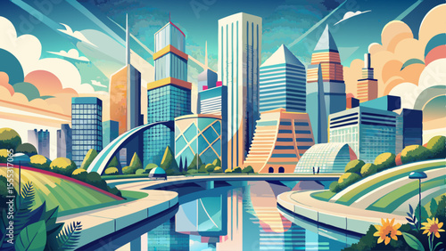 Tall glass buildings rise along the winding river, . The bridges arch gracefully, and flower boxes line the walkways. In the background, Lake Michigan glimmers softly under a clear sky. It’s a powerfu