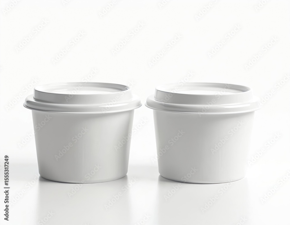 Realistic 3D illustration featuring two white plastic containers. Packaging food containers for mockups, food products storage. Isolated on white background, empty space for branding, product Realistic 3D illustration featuring two white plastic containers. Packaging food containers for mockups, food products storage. Isolated on white background, empty space for branding, product