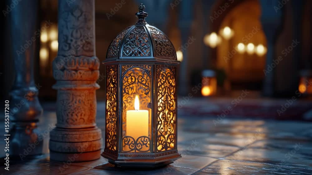 A traditional lantern with a lit candle sitting on the floor in a dimly lit, medieval-style room. A traditional lantern with a lit candle sitting on the floor in a dimly lit, medieval-style room.