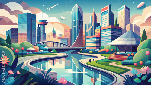 Tall glass buildings rise along the winding river, . The bridges arch gracefully, and flower boxes line the walkways. In the background, Lake Michigan glimmers softly under a clear sky. It’s a powerfu