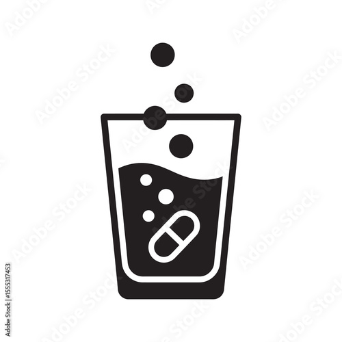 Effervescent tablet glyph icon showing dissolving pill in glass of water for soluble medication and fizzy drink vector design vector solid glyph icon