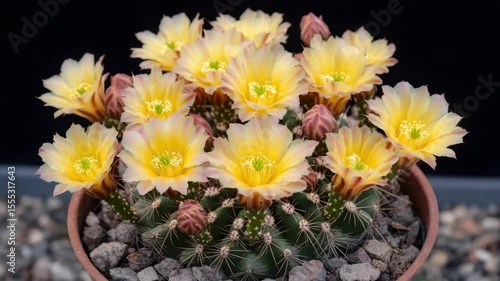 Wallpaper Mural A potted plant with yellow flowers. The flowers are in a pot with rocks. The plant is in a room with a black background Torontodigital.ca