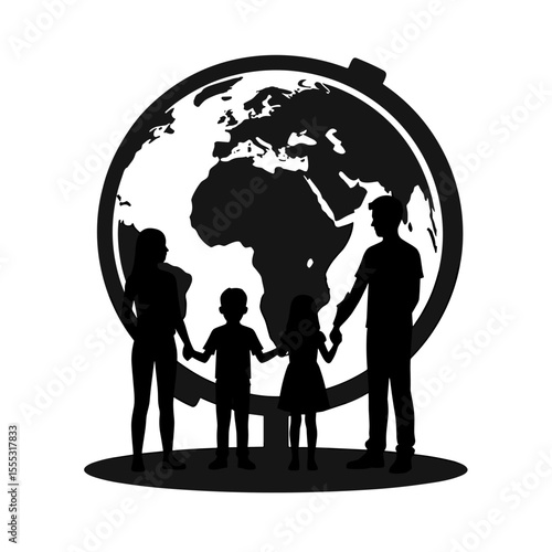 Family holding hands in front of interactive globe at airport  