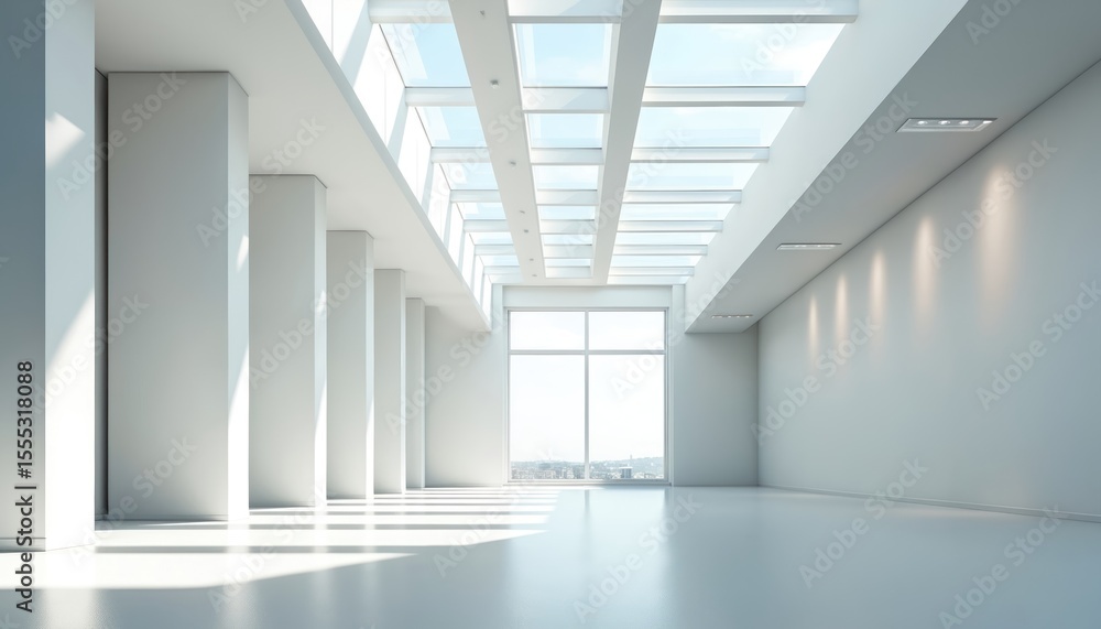 Fototapeta premium Modern interior with bright skylights and white walls, creating clean open atmosphere. Empty room showroom with big windows. Minimalist design concept, ample space for display.