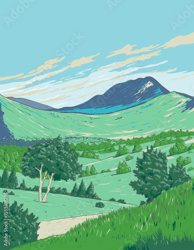 Ukiyo-e or ukiyo wpa style illustration of Mount Aso and the Kuju mountains located within Aso-Kuju National Park in Kumamoto and Oita Prefectures, Japan.
