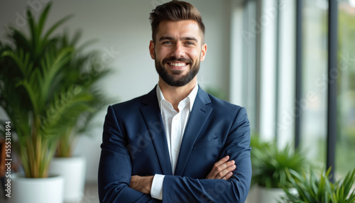 Wallpaper Mural Young man with crossed arms smiles. Dressed in blue suit white shirt. Modern office with green plants background. Corporate, business pro concept. Confident businessman looking at camera. Torontodigital.ca