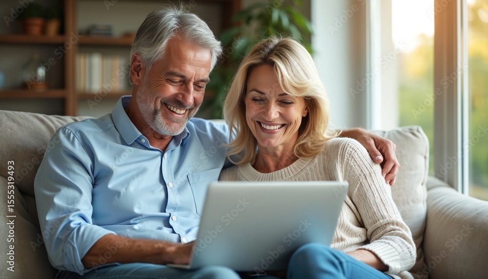 Happy middle aged couple uses laptop computer on couch at home. Smiling mature man and woman talk, having fun, laughing with device, sitting on sofa. Candid shot in sunny living room. Happy middle aged couple uses laptop computer on couch at home. Smiling mature man and woman talk, having fun, laughing with device, sitting on sofa. Candid shot in sunny living room.