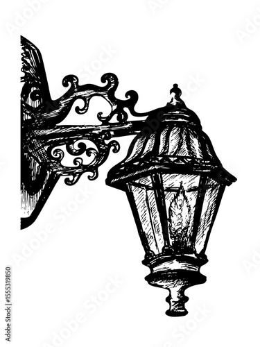 Old-Fashioned Street Light Vector Drawing. Hand Drawn Antique Wall Lantern in Black and White. Detailed Sketch of Classic Outdoor Lamp Post. Retro Iron Lantern with Decorative Wall Mount
