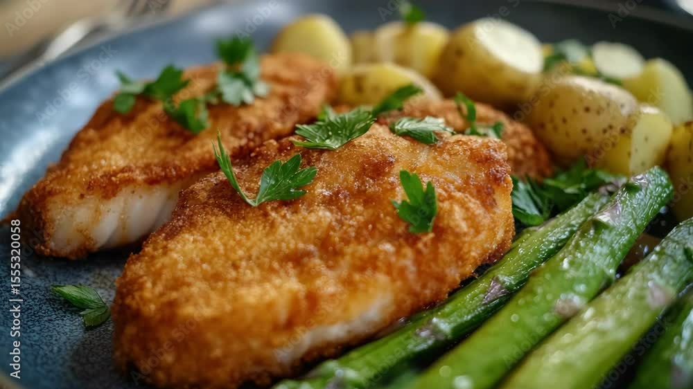 A plate of food with chicken, asparagus, and potatoes. The chicken is fried and has parsley on top A plate of food with chicken, asparagus, and potatoes. The chicken is fried and has parsley on top