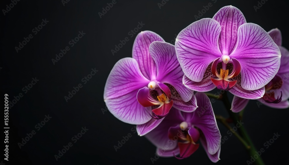 Obraz premium Close-up photo of vibrant orchid flowers on black backdrop. Purple, pink petals, delicate lines, natural beauty, floral arrangement, exotic tropical plant. Perfect for design, beauty, wedding, love,
