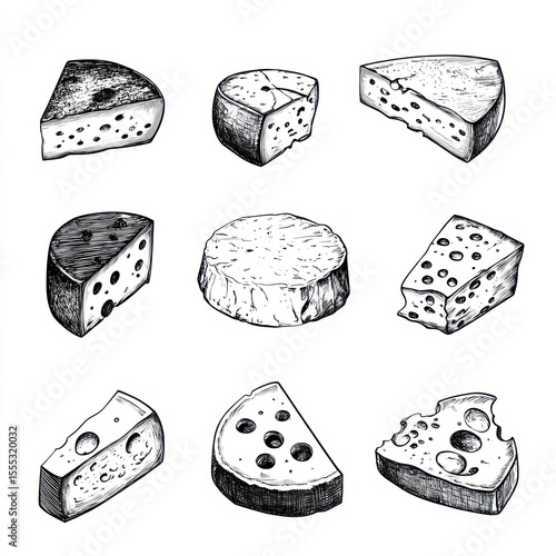Hand-drawn illustrations of various cheese wedges and rounds
