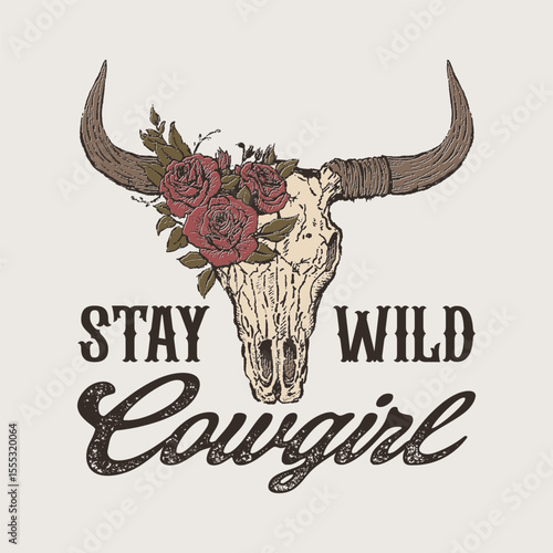 Stay Wild Cowgirl Skull Rose Graphic