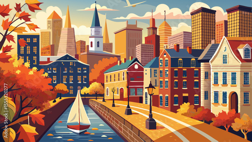 Brick streets curve between colonial buildings, with ivy climbing the old walls. Sailboats drift along the Charles River, and church steeples rise over tree-lined neighborhoods. Autumn leaves scatter 
