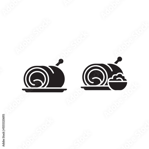 Rolled Meat Dish with Accompaniment.Black and white vector graphic of a rolled meat dish, possibly a roulade or similar, served on a plate.