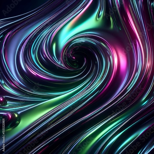 Glossy fluid swirl with neon reflections in deep green and purple tones
