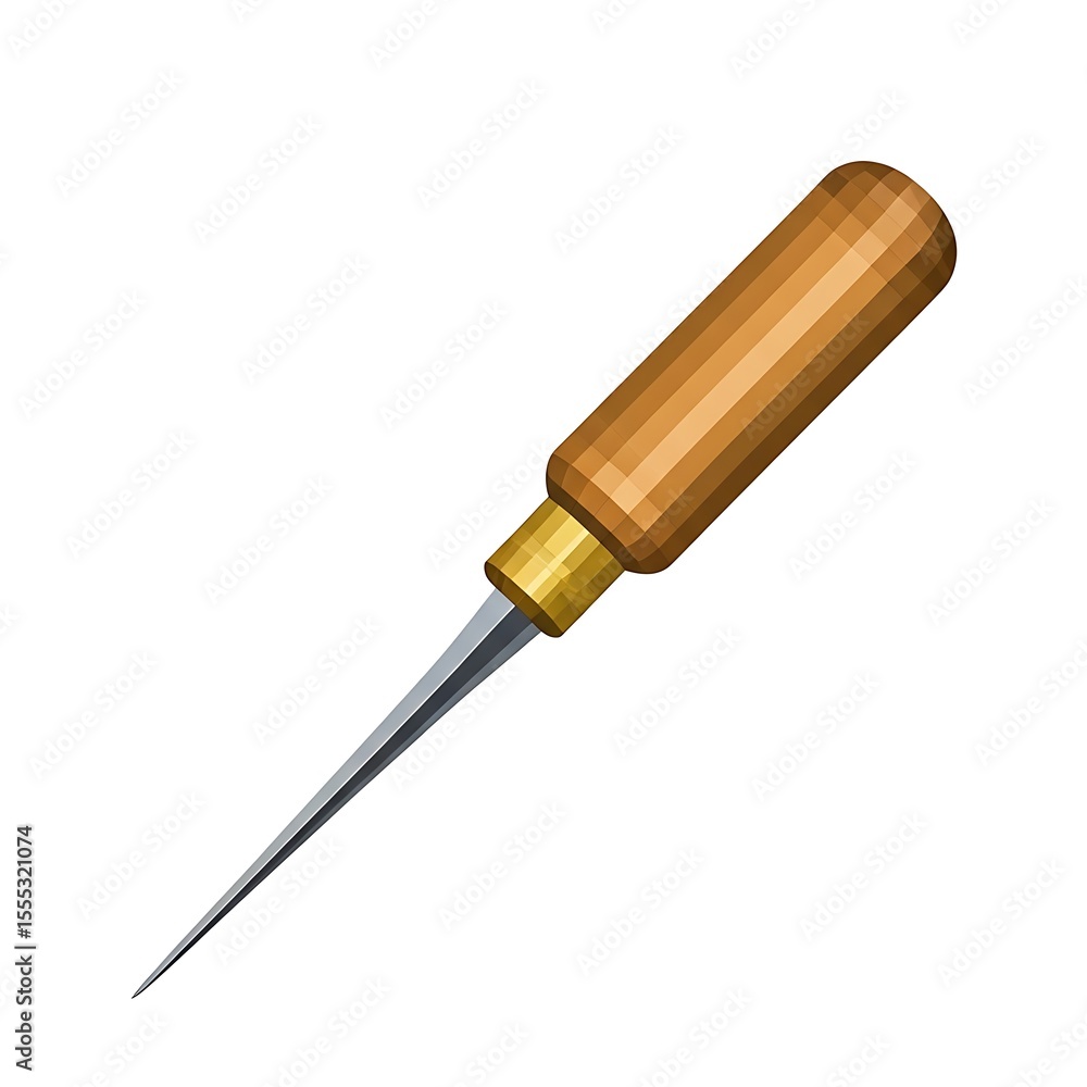 Fototapeta premium Awl tool with wooden handle for leather crafting and sewing projects on a white background