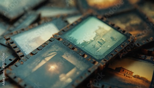 Vintage slide film with worn edges. Aged diapositive photos, memory of past moments. Retro, nostalgia concept. Family album pictures, old film projector, vintage media, photography.