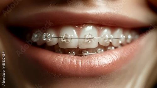 Close up of teeth with braces and clear brackets