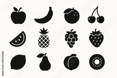 12 black fruit icons in solid style. Minimalist set for healthy food concepts and nutrition graphics.