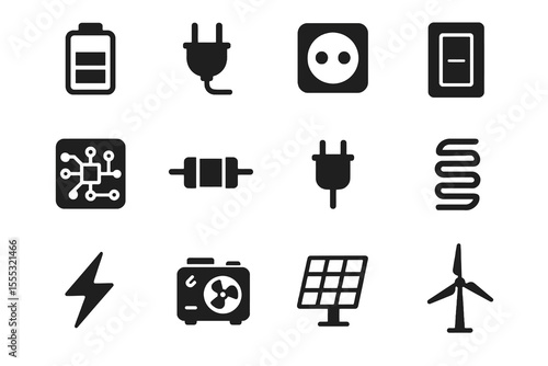 Black set of 12 power icons. Solid vector symbols for electricity, renewable energy, and electrical engineering.