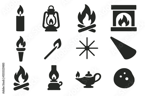 12 black icons of firelight. Minimal vector set of lanterns, flames, sparks, and warm illumination.