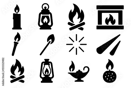 Black solid icons for fire themes. Lanterns, candles, torches and warm light sources in a single set.
