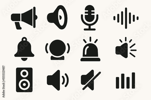 Black set of 12 sound icons. Minimal vector style for audio, voice, alert and media designs.